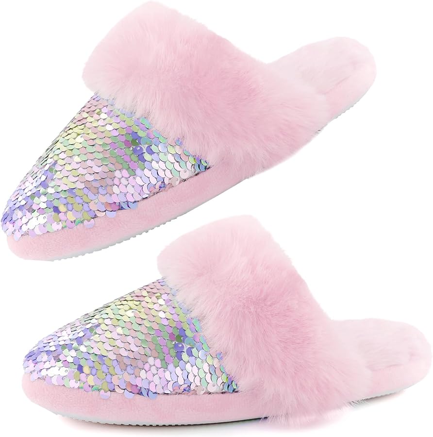 Girls Fluffy Slippers,Sequin Faux Fur Fuzzy Slip-on House Slippers with Memory Foam House Shoes for Girls Bedroom Slippers