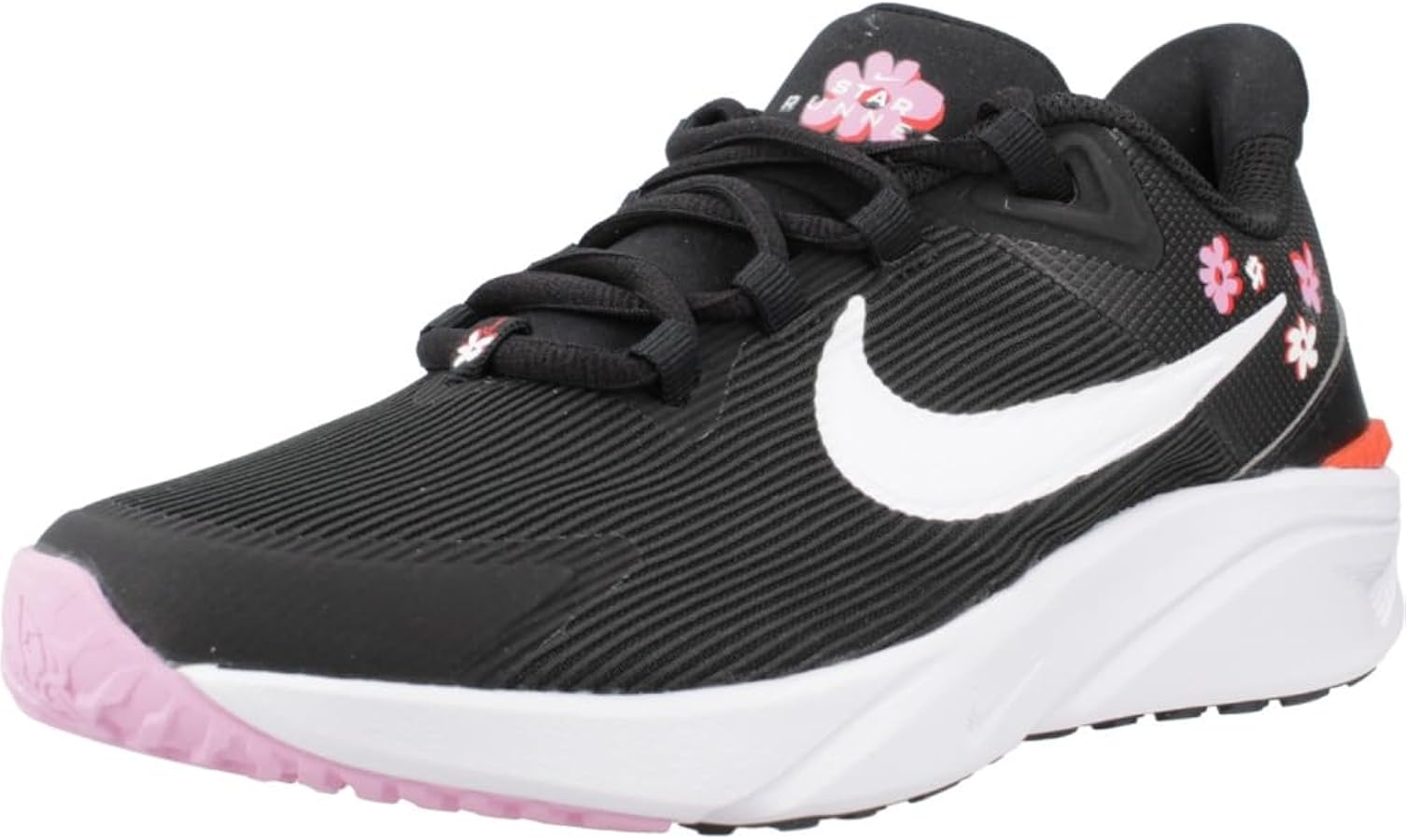 Nike Star Runner 4 NN SE Big Kids' Road Running Shoes (FJ8077-001, Black/Pink Rise/Picante Red/White) Size 5