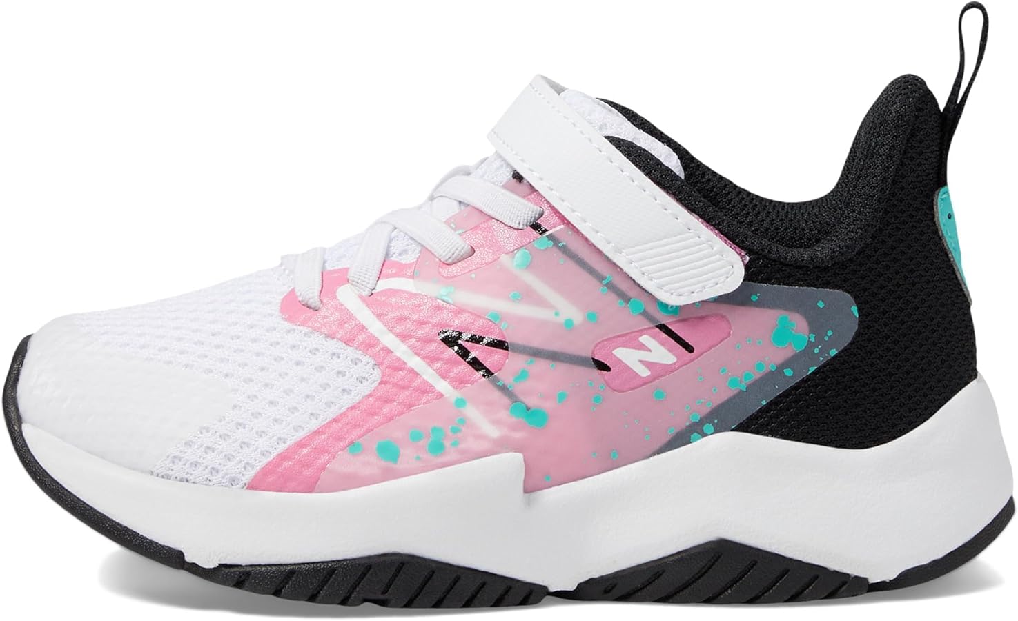 New Balance Rave Run V2 Bungee Lace with Top Strap Shoe, White/Real Pink/Black, 1 US Unisex Little Kid