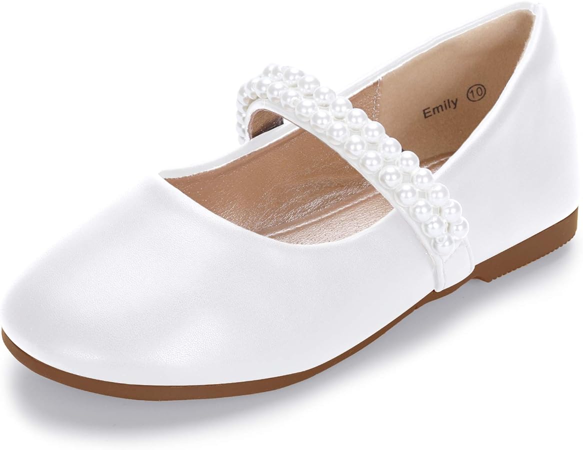 Hehainom Toddler Flower Girls Dress Shoes, Mary Jane Princess Ballet Flats with Bow and Peals for Party School