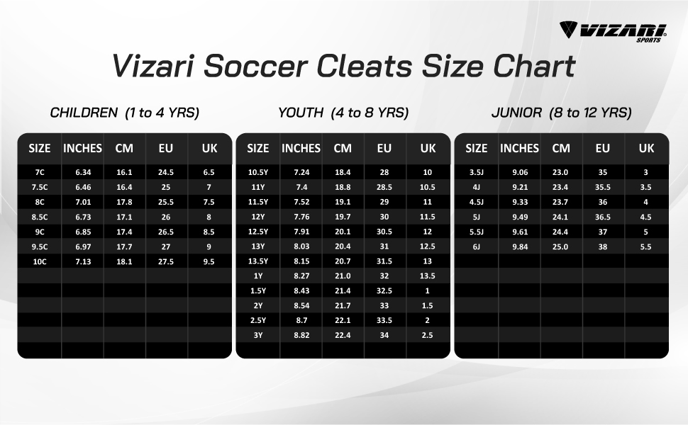 Vizari Soccer Cleats Size Chart