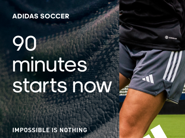 Photomontage with a detail of soccer appareal.Text says 90 minutes starts now. Impossible is nothing