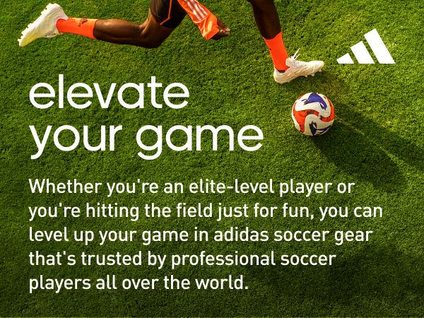 Cropped image of a person playing soccer. Text says "Elevate your game"