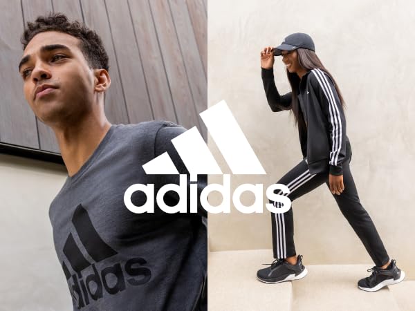 Male and female models wearing adidas essentials gear. White adidas logo on top of the image.