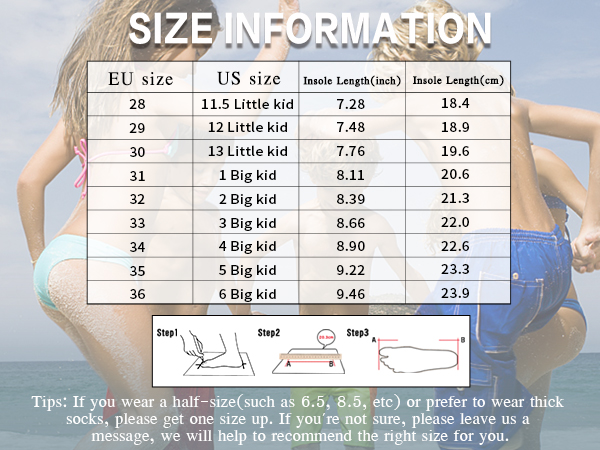 kids water shoes size information