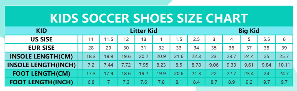 kids soccer shoes size chart