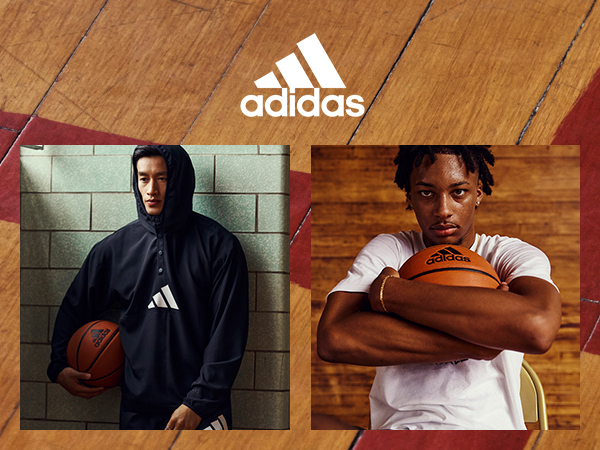 Image collage with adidas logo centralized next to images of male models holding basketball balls