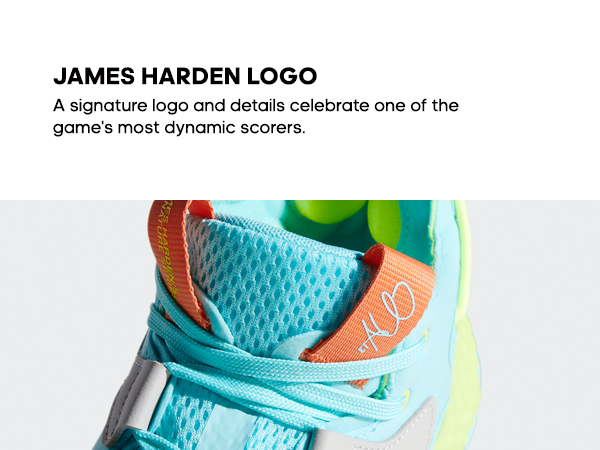 adidas Harden V6 shoe and text: James Harden Logo