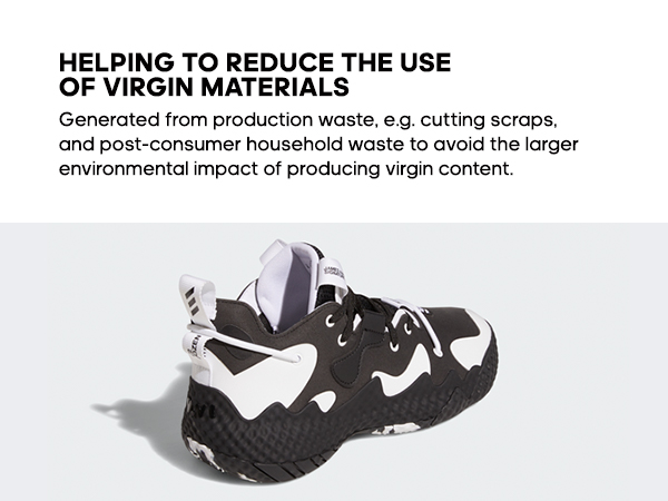 adidas Harden V6 shoe and text: Helping to reduce the use of virgin materials