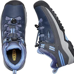 A two-toned blue and grey kid''s targhee sneaker and hiking shoe with a bungee tie