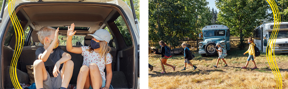 two kids high fiving; a group of kids walking at a campground