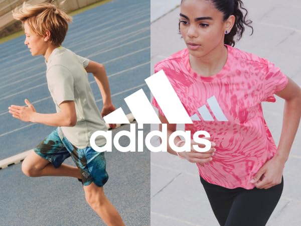 Kids running. White adidas logo on top of the image