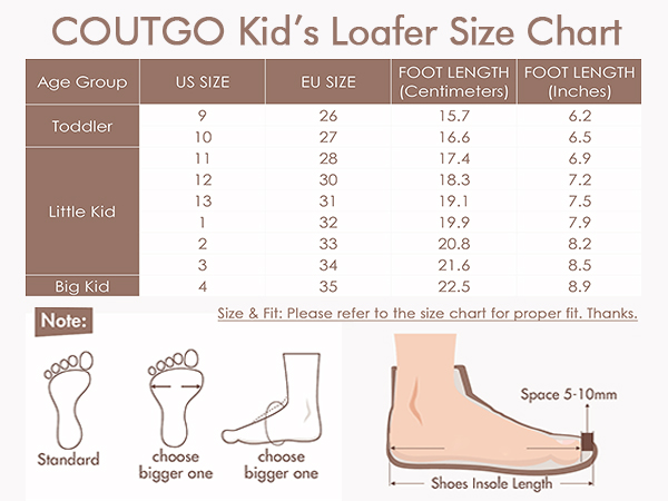 Kid''s loafer size chart