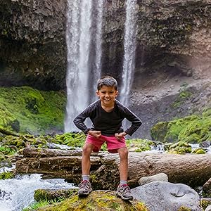 Merrell Moab 3 Low Waterproof hike shoe, kid in front of waterfall