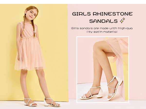 Girl''s Strappy Sandals Square Open Toe Chunky Low Heel Rhinestone Cross Strap Summer Dressy Shoes