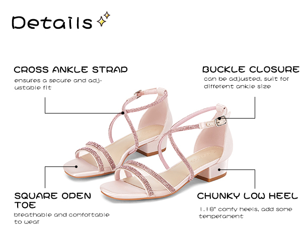 Girl''s Strappy Sandals Square Open Toe Chunky Low Heel Rhinestone Cross Strap Summer Dressy Shoes