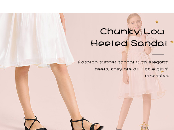 Girl''s Strappy Sandals Square Open Toe Chunky Low Heel Rhinestone Cross Strap Summer Dressy Shoes