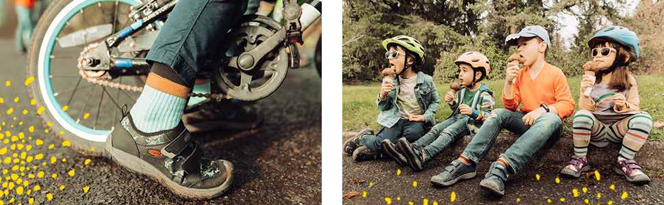 close up of kid riding a bike;  a group of kids taking a break from biking, eating ice cream