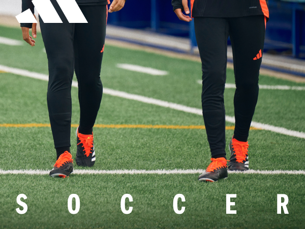 Image collage with text next to two models wearing adidas soccer clothing.