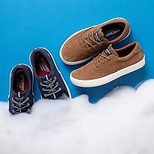 soap suds, sneakers, blue background