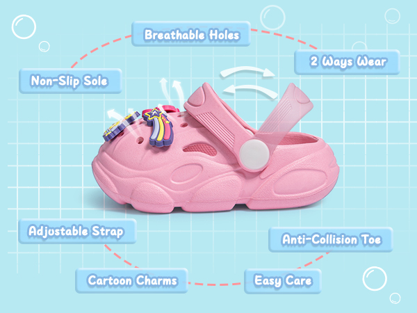 toddler girl clog breathable holes non-slip sole adjustable strap cartoon charms anti-collision sole