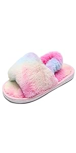 girls Fuzzy Fluffy Furry Fur Open Toe slippers fulfy slipper for kid Shoes  House Home Indoor 10