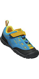 A blue and yellow rock climbing style shoe in suede with a black bump toe and hook and loop strap