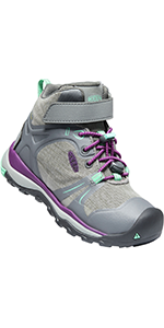 kid''s terradora 2 mid contoured hiking boot in grey with purple and teal accents.