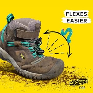 A two-toned grey ridge flex hiking boots and arrows showing the toe bend with a worm cartoon.