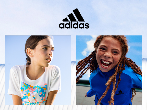 Image collage with adidas logo and kids wearing sports clothing