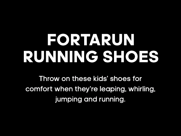 Text over black background: "FortaRun Running Shoes -  comfort when leaping, jumping and running"