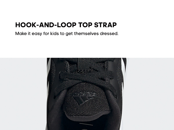 Close-up shot of adidas FortaRun shoe and text "Hook-and-loop top strap"