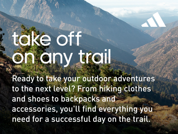 Background image of a trail and mountains. Text says "Take off on any trail"