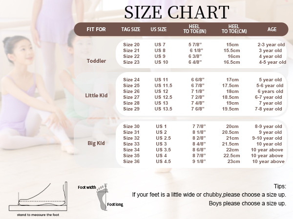 ballet shoes size chart