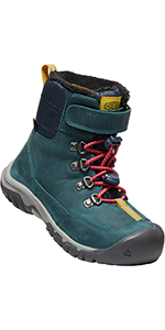 A mid height teal greta snow boot with yellow and red accents.