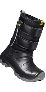 A tall, black, rain-boot inspired Lumi 2 snow boot with two yellow accents and a hard shelled bottom