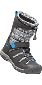 A tall snow boot is shown with dark grey overlays on light grey fabric with yeti drawings and blue