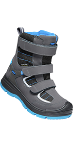 A tall height, two-toned grey snowboot is shown with bright blue accents on the sole and insde.