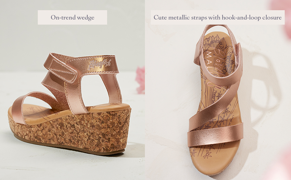 On-trend wedge, cute metallic straps with hook-and-loop closure