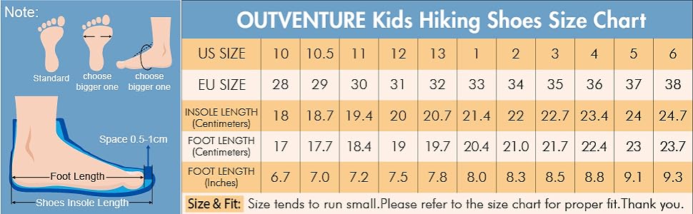 OUTVENTURE Kids Outdoor Hiking Shoe Size Chart