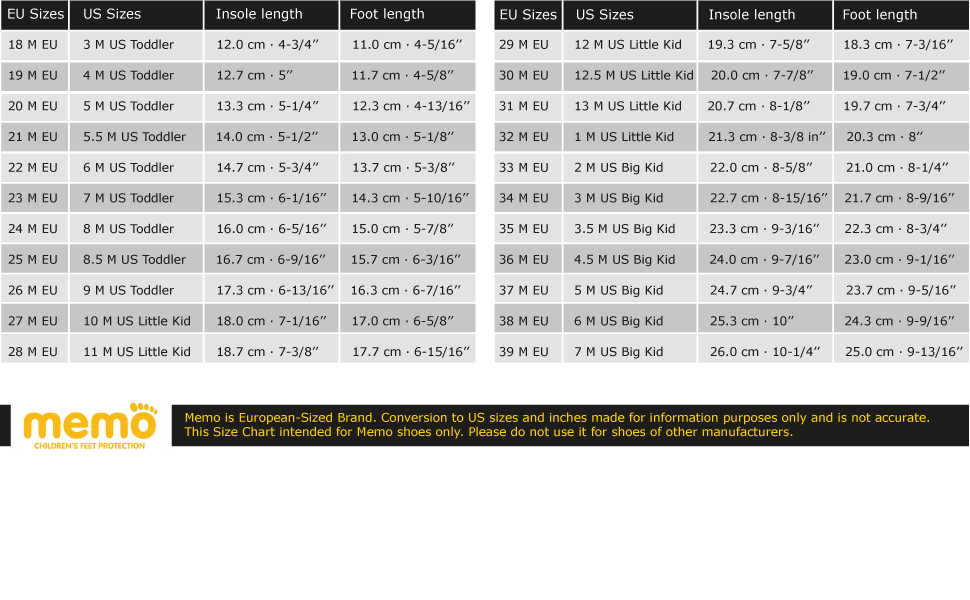 Memo Shoes Size Chart