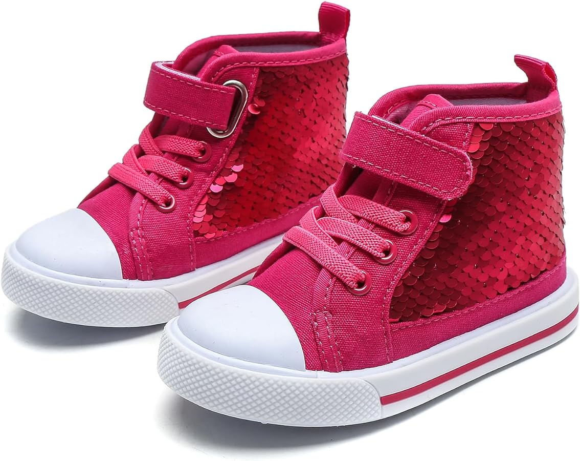 YIBLBOX Kids Sneakers for Boys and Girls Toddler Canvas High Top Walking Causal Shoes with Sparkle Color Change Flipping Sequins for Walking