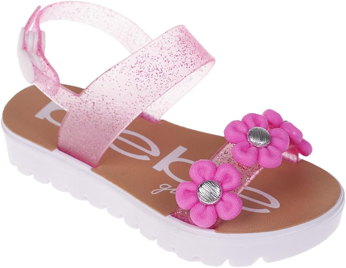 bebe Girl's PCU Sandals with Flower, Bow, and Rhinestone Details - Flat Sandals for Toddler/Little Kid/Big Kid