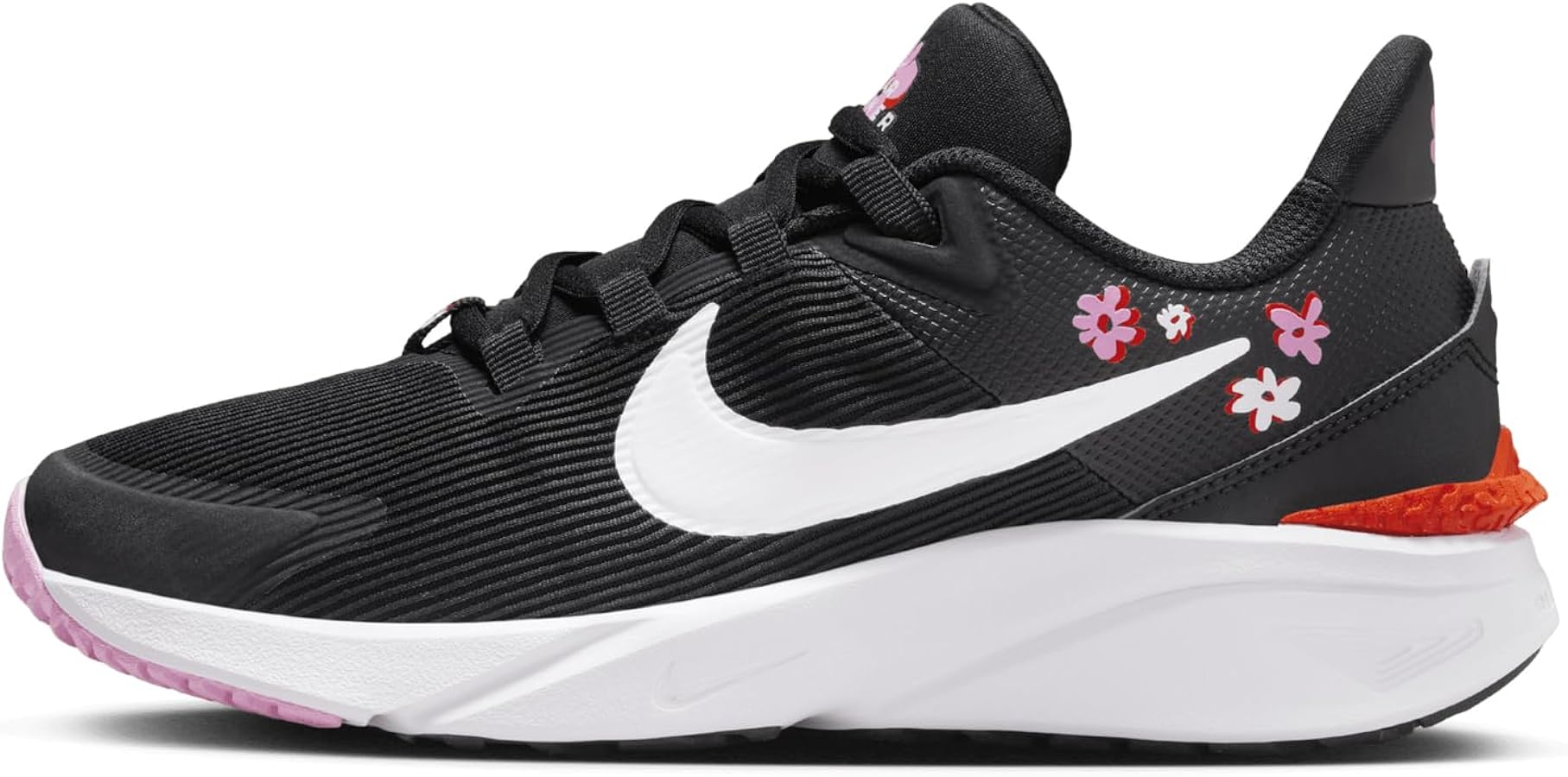 Nike Star Runner 4 NN SE Big Kids' Road Running Shoes (FJ8077-001, Black/Pink Rise/Picante Red/White) Size 6