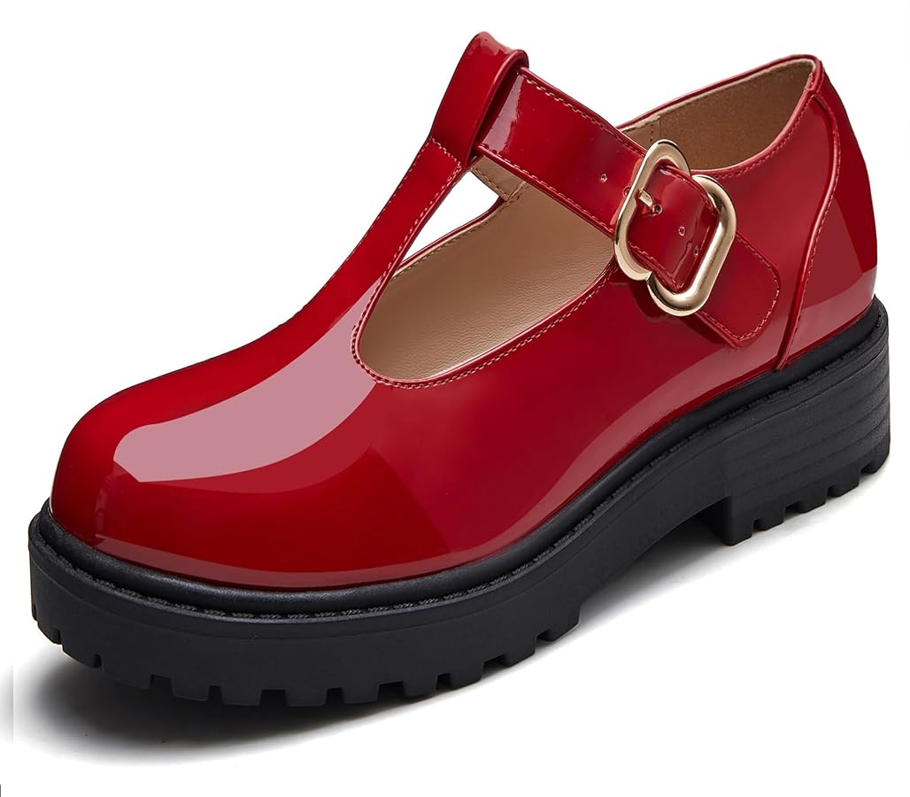 Coutgo Girls Mary Jane Dress Shoes Platform Loafers School Uniform Chunky Heel Closed Toe T-Strap Flats