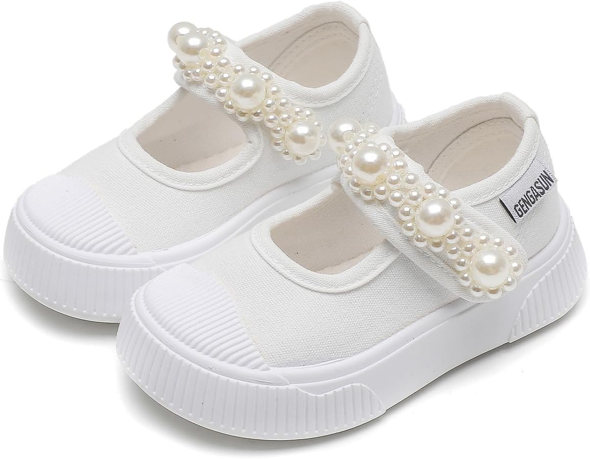 Toddler Girl's Mary Jane Flat Baby Shoes Canvas Pearl Sneakers for Kids School Uniform Casual Soft Walking Dress Shoes