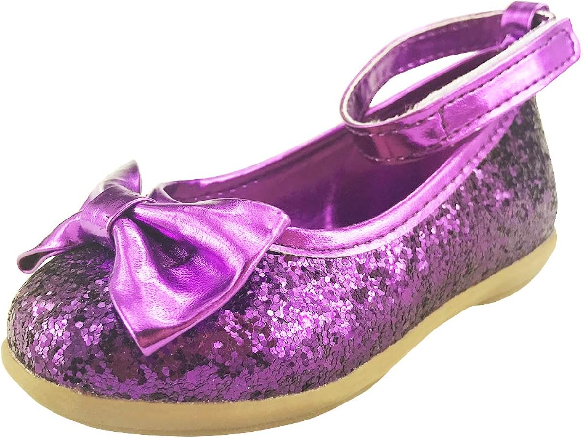 Flower Girl's Glitter Purple Sparkly Ankle Strap Dress Shoes Toddler Little Kids