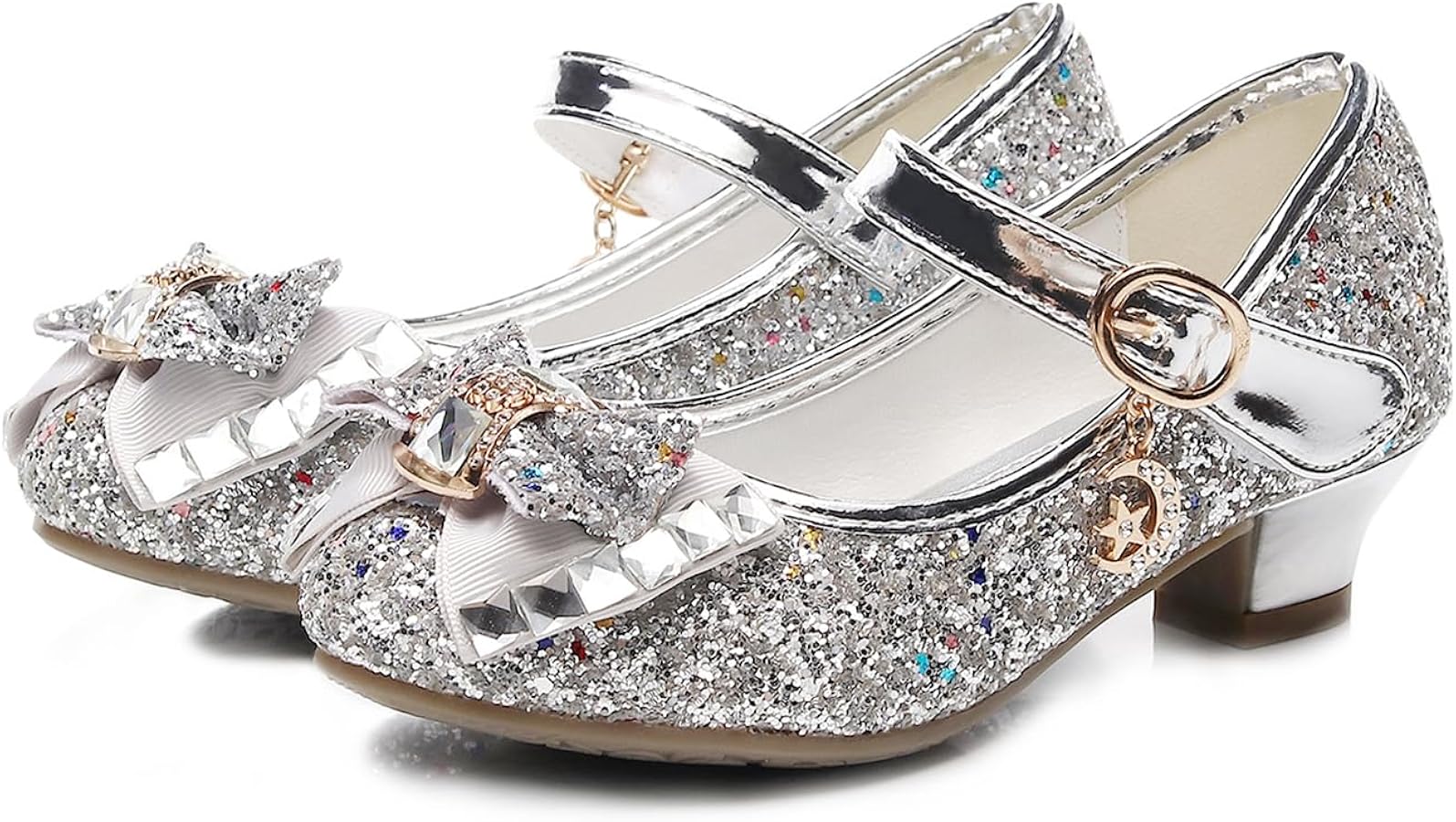 Girls Dress Shoes Mary Jane Wedding Party Heel Glitter Bow Princess Flower Shoes for Kid Toddler