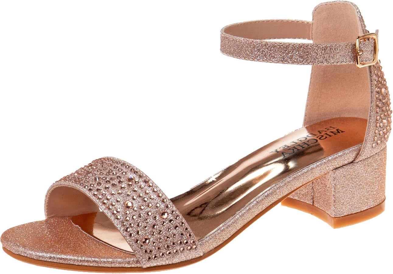 Badgley Mischka Girls Dress Shoes - Sandy Rhinestone Open Toe Dress Pump Sandals with Ankle Strap Heels for Kids (Rose Gold, Silver, Black) (Little Kid/Big Kid)