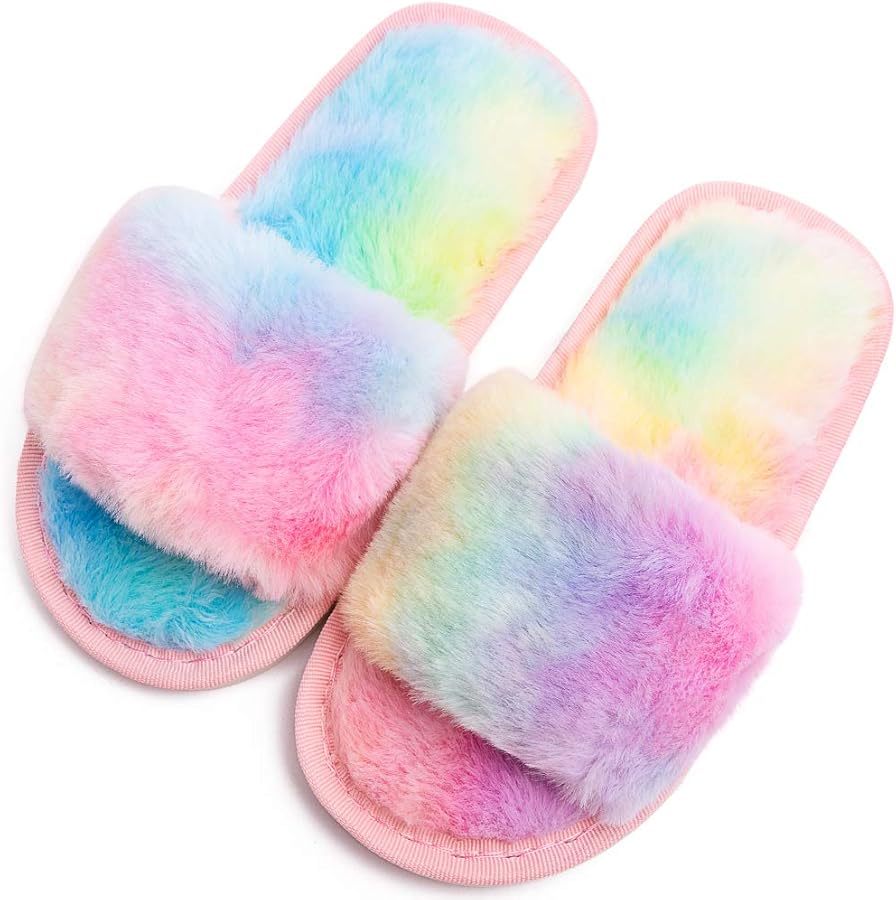 Boys Girls Fuzzy House Slippers Cute Comfy Faux Fur Slip On Fluffy Plush Open Toe Home Slides for Kids Indoor Outdoor Warm Shoes